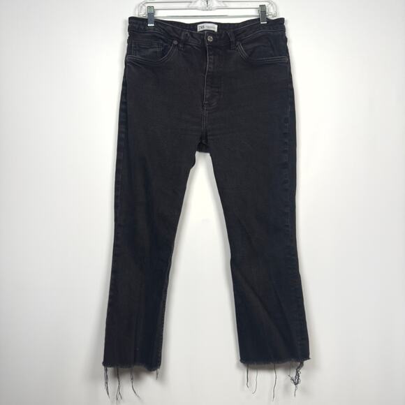 Zara Logo Straight Leg Distressed Hem Black Denim Jeans Women's Size 12 - Picture 2 of 5